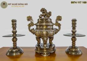 Bộ đỉnh đồng thờ cúng tam sự khảm ngũ sắc 1 chữ vàng cao 60 cm